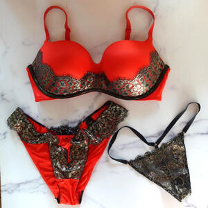 Victorias Secret Bra Panty Set 36D Red Black Lace Balconette Mob Wife Lg 3 PC